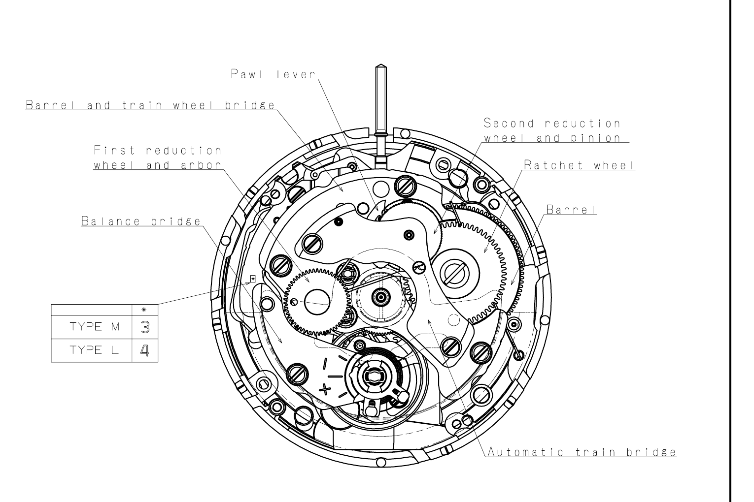 Seiko NH35: Draufsicht der Werkseite (Zeichnung: Seiko Instruments / TMI)